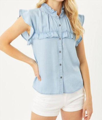Love Tree Woven Solid Ruffle Neck Button Front Blouse In Light Blue