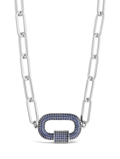 Sterling Forever Rhodium Plated Cz Carabiner Necklace In Silver,blue