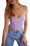 ENDLESS BLU. CROPPED RUCHED STRETCH-MESH SLEEVELESS BUSTIER TOP IN LAVENDER