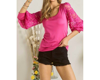 Adora Top With Lace Balloon Sleeves In Hot Pink In Pink