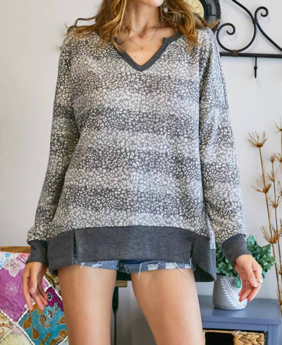 Adora Cheetah V Neck Loose Fit Top Plus In Grey