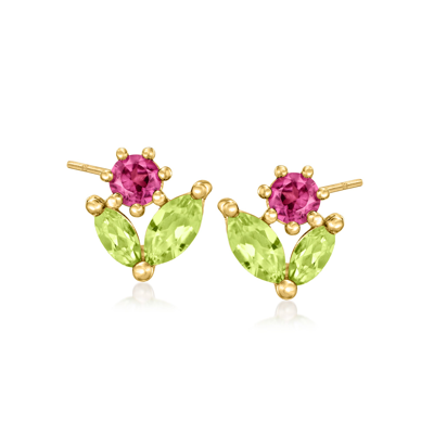 Rs Pure By Ross-simons Peridot And . Rhodolite Garnet Flower Earrings In 14kt Yellow Gold In Pink