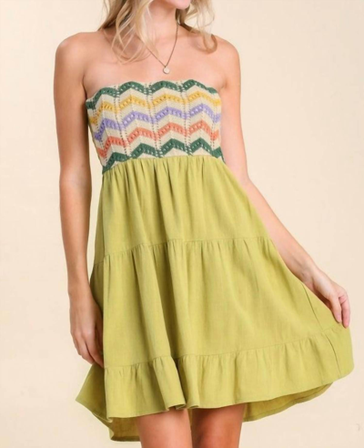 Umgee Linen Blend Strapless Tiered Dress With Crochet Overlay In Green