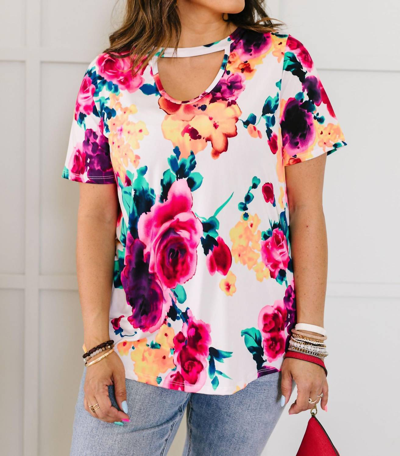Now N Forever Watercolor Flowers Keyhole Top In Ivory In Multi