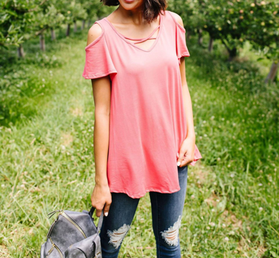 White Birch Cold Shoulder Crossed Heart Top In Coral In Pink