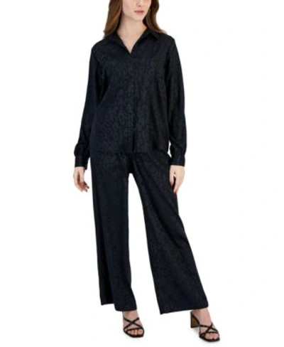 Jm Collection Petite Jacquard Animal Print Satin Pull-on Pants, Created For Macy's In Deep Black