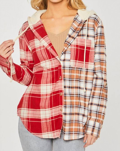 Love Tree Two Tone Hooded Flannel Shirt In Red