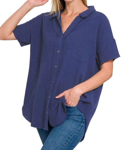 Zenana Short Sleeve Gauze Summer Time Top In Navy In Blue