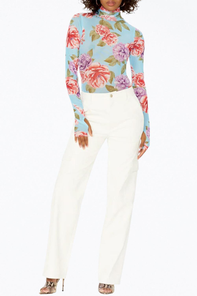 Afrm Zadie Power Mesh Turtleneck Top In Blue Bouquet In Multi