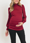 Hello Miz Puff Shoulder Ribbed Maternity Mock Neck Top In Burgundy In White