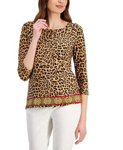 Jm Collection Women's 3/4 Sleeve Print Jacquard Top, Created For Macy's In Deep Black Combo