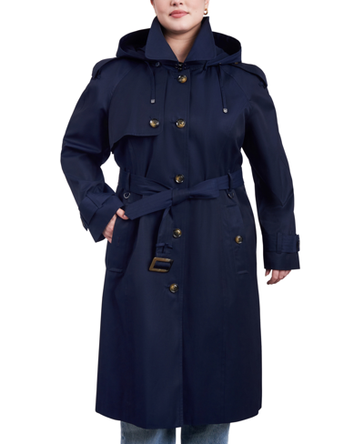 London Fog Women's Plus Size Belted Hooded Water-resistant Trench Coat In Midnight Navy