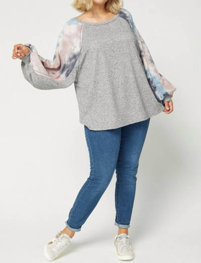 Entro Tie Dye Puffy Sleeve Top Plus In Charcoal In Pink