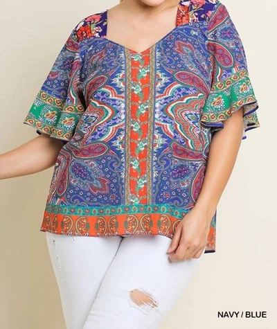 UMGEE PAISLEY SCARF PRINT BELL SLEEVE PLUS BLOUSE IN NAVY/BLUE