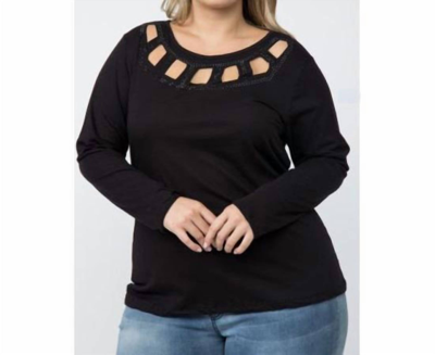 Vocal Apparel Laser Cut And Stones Top - Plus In Black