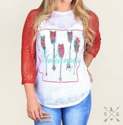 Southern Grace Arkansas Pride With Red Lace Raglan Sleeve Top In White