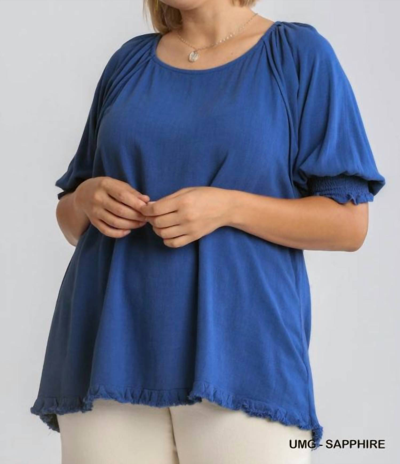 Umgee Balloon Sleeve Top (plus) In Sapphire In Blue