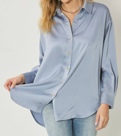 Entro Satin Button Up Collared Top In Blue