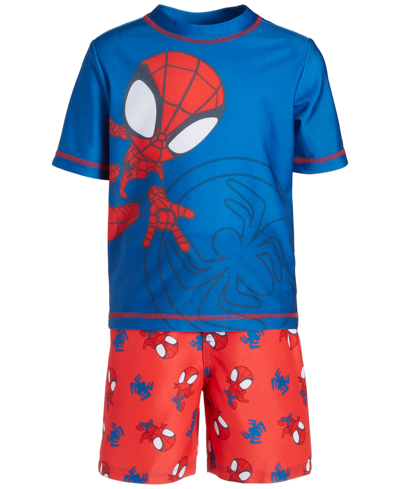 Spider-man Babies' Toddler Boys Rash Guard & Swim Trunks, 2 Piece Set In Blue