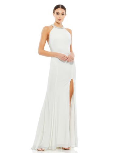 Mac Duggal Beaded Halter Jersey Evening Gown In White