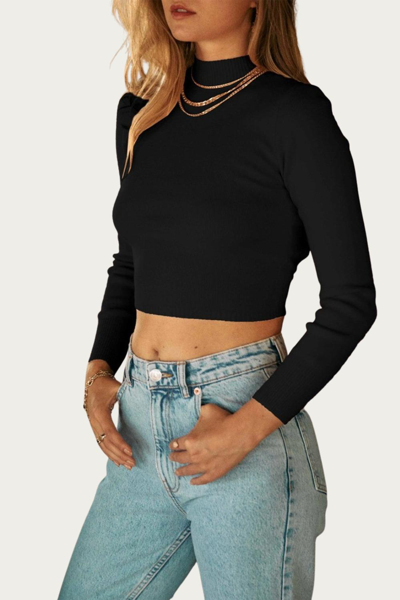 Endless Blu. Cropped Open-back Mock Neck Sweater In Black