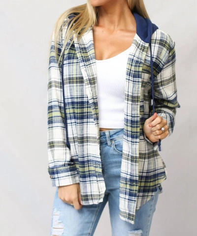 Love Tree Brushed Flannel Plaid With Hood Top In Navy In Blue