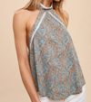 IN-LOOM CORALIE PRINTED SATIN HALTER TANK IN VINTAGE SAGE