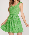 SHE + SKY RUFFLE SLEEVE DRESS WITH WAIST SASH IN GREEN FLORAL PRINT