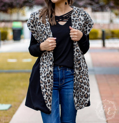 Southern Grace Warm And Together With Leopard Vest Cardigan In Black
