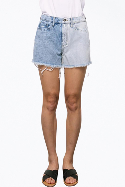 Sneak Peek High-rise Two-tone Distressed Denim Shorts In Blue