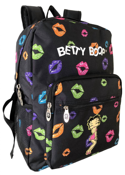 Betty Boop Women's Microfiber Large Backpack In Black With Lips In Multi