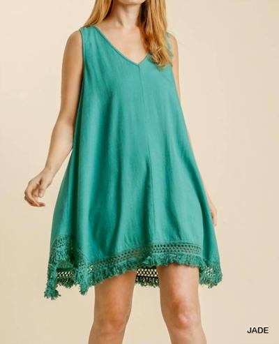 Umgee Linen Blend Crochet Detail Sleeveless Dress With Frayed Shark Bite Hem In Green