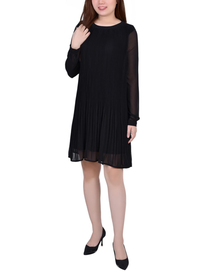 Ny Collection Petites Womens Pleated Mini Shift Dress In Black