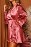 Peach Love Luxe Wrap Bell Sleeve Ruffle Deatil Mini Dress In Marsala, Rose In Multi