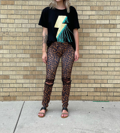Lucky & Blessed Leopard Leggings W/ Black Lace Knee In Brown
