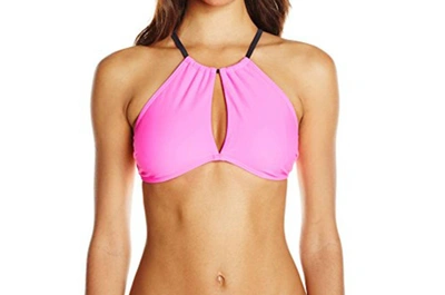 Minkpink Swimwear Shocking High Neck Halter Black Strap Bikini Top In Pink