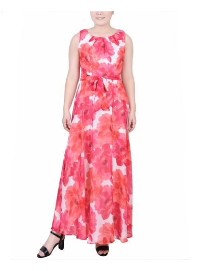 Ny Collection Petite Sleeveless Belted Chiffon Maxi Dress In Pink Asterfloral