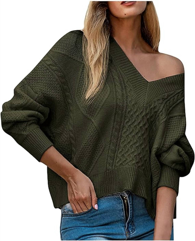 MISS SPARKLING DOLLY CABLE KNIT TIE-BACK SWEATER IN OLIVE