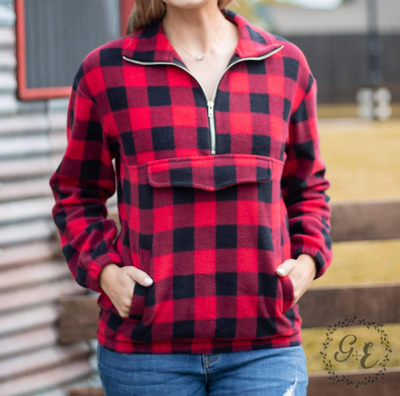 Southern Grace Checker Me Out Pullover With Pockets In Red Plaid In Multi