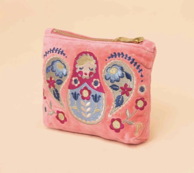 Powder Matryoshka Doll Velvet Embroidered Mini Pouch In Petal In Pink