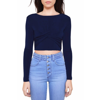 MINKPINK STRETCH TWIST WRAP FRONT LONG SLEEVE CROP TOP SWEATER IN NAVY BLUE