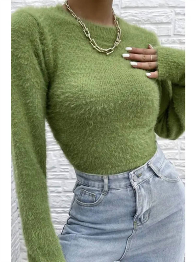 MISS SPARKLING FUZZY OPEN BACK SWEATER IN GREEN