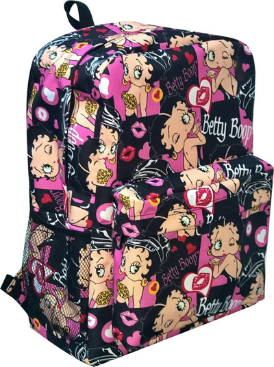 Betty Boop Women's Microfiber Large Backpack In Black With Hearts & Lips In Multi