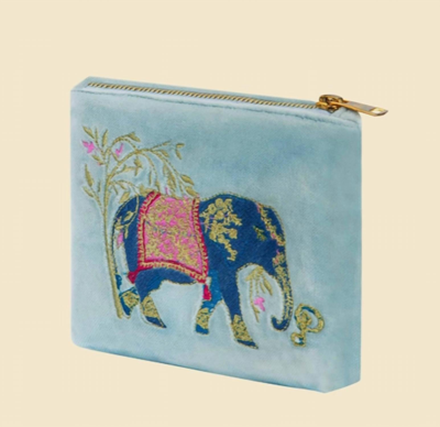 Powder Elephant In Cornflower Velvet Embroidered Mini Pouch In Blue