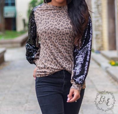 Southern Grace I'm A Diva Raglan Balloon Long Sleeve With Sequins Top In Leopard In Multi