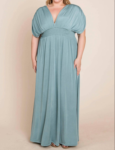 Emerald Collection Plus Size Solid Maxi Dress With Ruched Sleeves In Teal In Blue