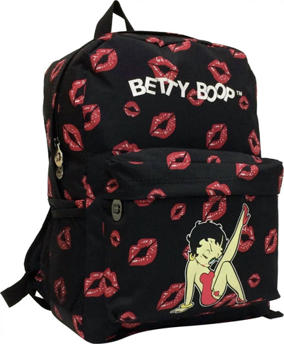 Betty Boop Women's Microfiber Large Backpack In Black With Leg Up & Lips In Multi