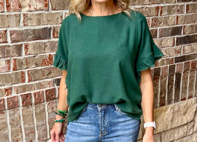 Umgee Claire Short Sleeve Ruffle Top In Green