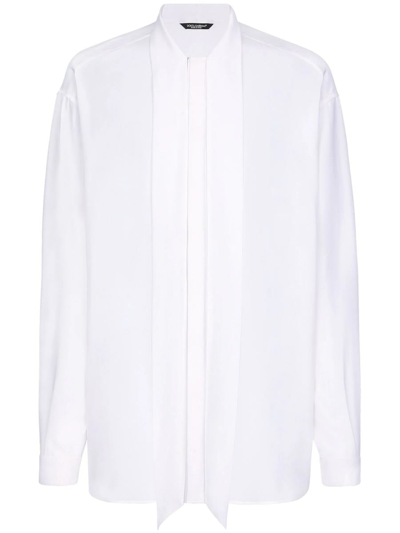 Dolce & Gabbana Crepe De Chine Silk Shirt With Scarf Detail In Optic White