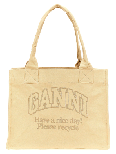 Ganni Logo Embroidery Shopping Bag In Beige